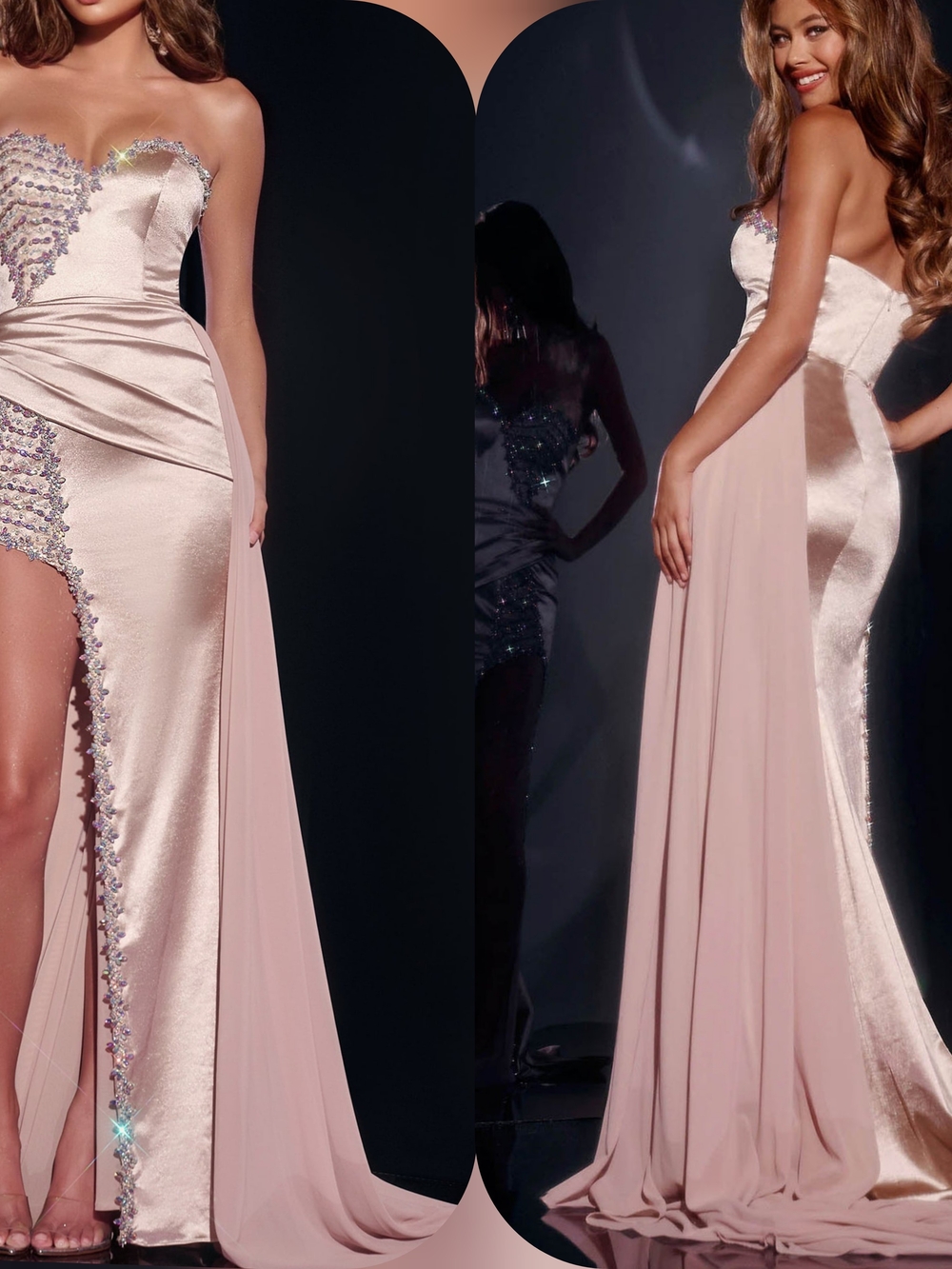 Jovani Champagne Strapless Satin Gown with Crystal Trim and Side Drape